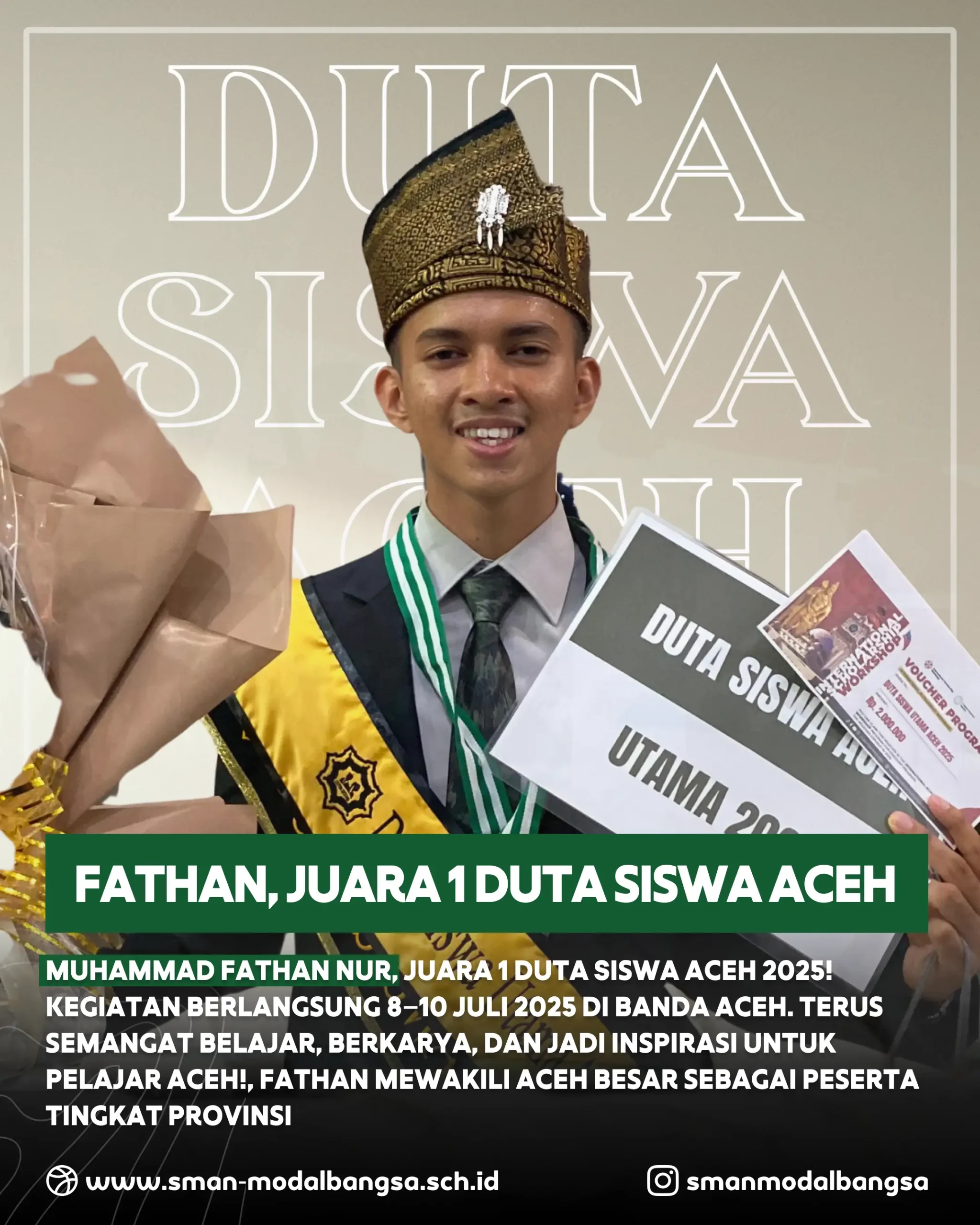 Muhammad Fathan Nur Sabet Juara 1 Duta Siswa Aceh 2025, Wujudkan Mimpi Menjadi Pelajar Inspiratif