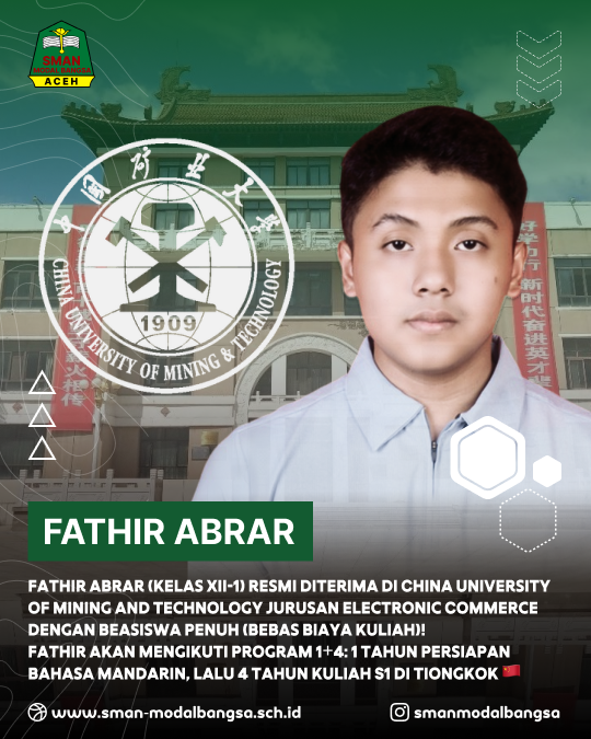 Fathir Abrar Lolos Kuliah di China University of Mining and Technology dengan Beasiswa Penuh
