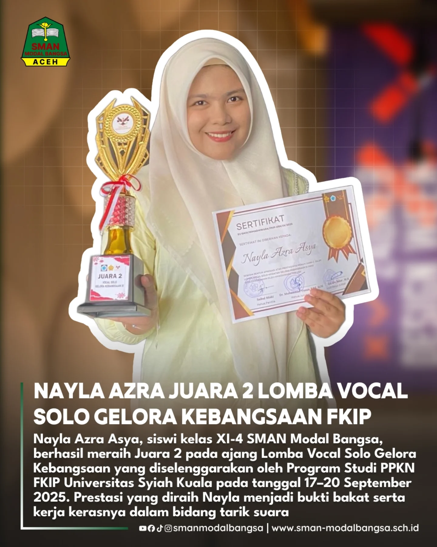Siswi SMAN Modal Bangsa Raih Juara 2 Lomba Vocal Solo Gelora Kebangsaan 2025