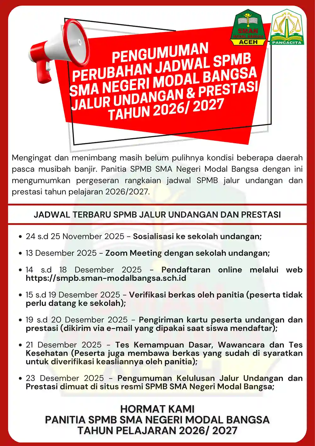 Perubahan Jadwal SPMB SMA Negeri Modal Bangsa Jalur Undangan & Prestasi Tahun 2026/2027