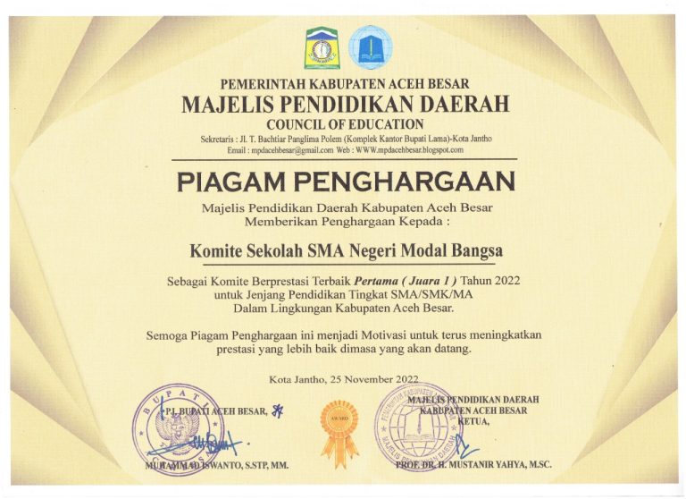 Komite SMAN Modal Bangsa Terpilih sebagai Komite Berprestasi Terbaik oleh MPD Aceh Besar