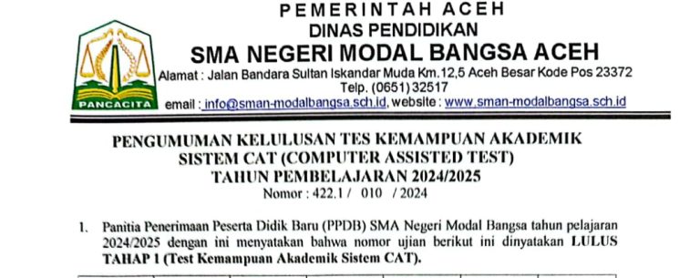 Pengumuman Kelulusan Tes Kemampuan Akademik PPDB SMAN Modal Bangsa