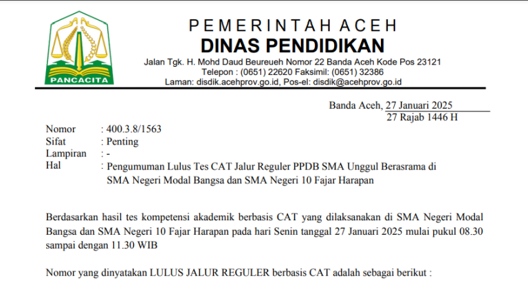 Pengumuman Hasil Seleksi CAT Jalur Reguler PPDB SMAN Modal Bangsa 2025-2026